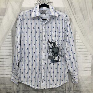 Fender Mens Small Shirt Rock & Roll Lifestyle White Blue Skulls Skull Button